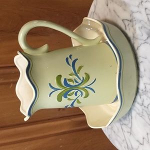 Vintage Inarco Scalloped Pitcher and Dish Mint Green w Blue Design Vase Decor